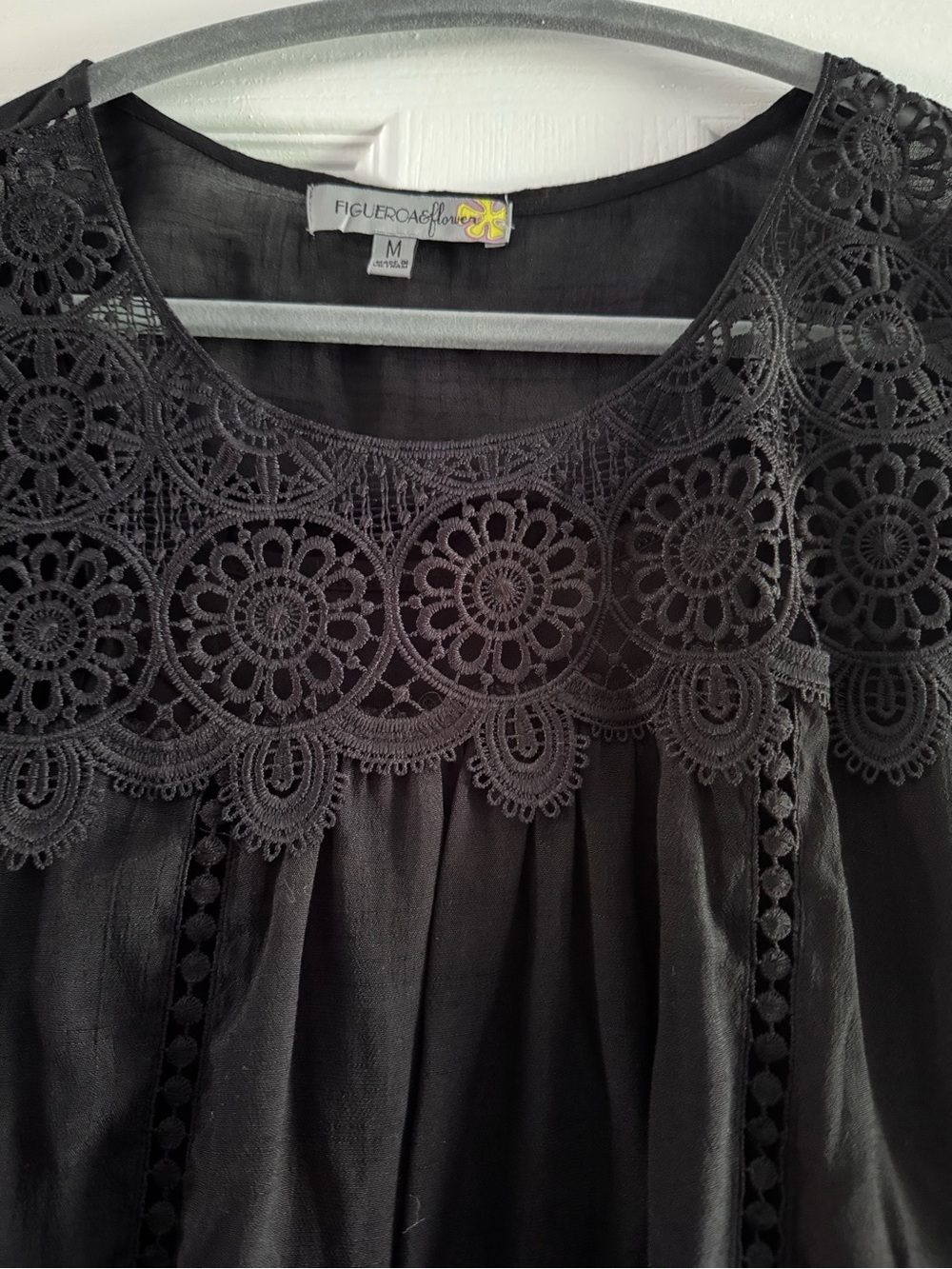 Figueroa & Flower Black Crochet Lace Boho Blouse Medium 3/4 Sleeve Peasant Top - Picture 6 of 13